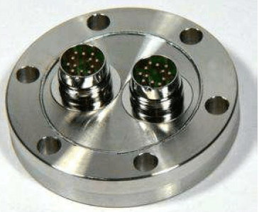 DN63CF FLANGE, 2 x 6 PIN CIRCULAR MINIATURE FEEDTHROUGHS, UHV, 500V DC, 5 AMPS MAX