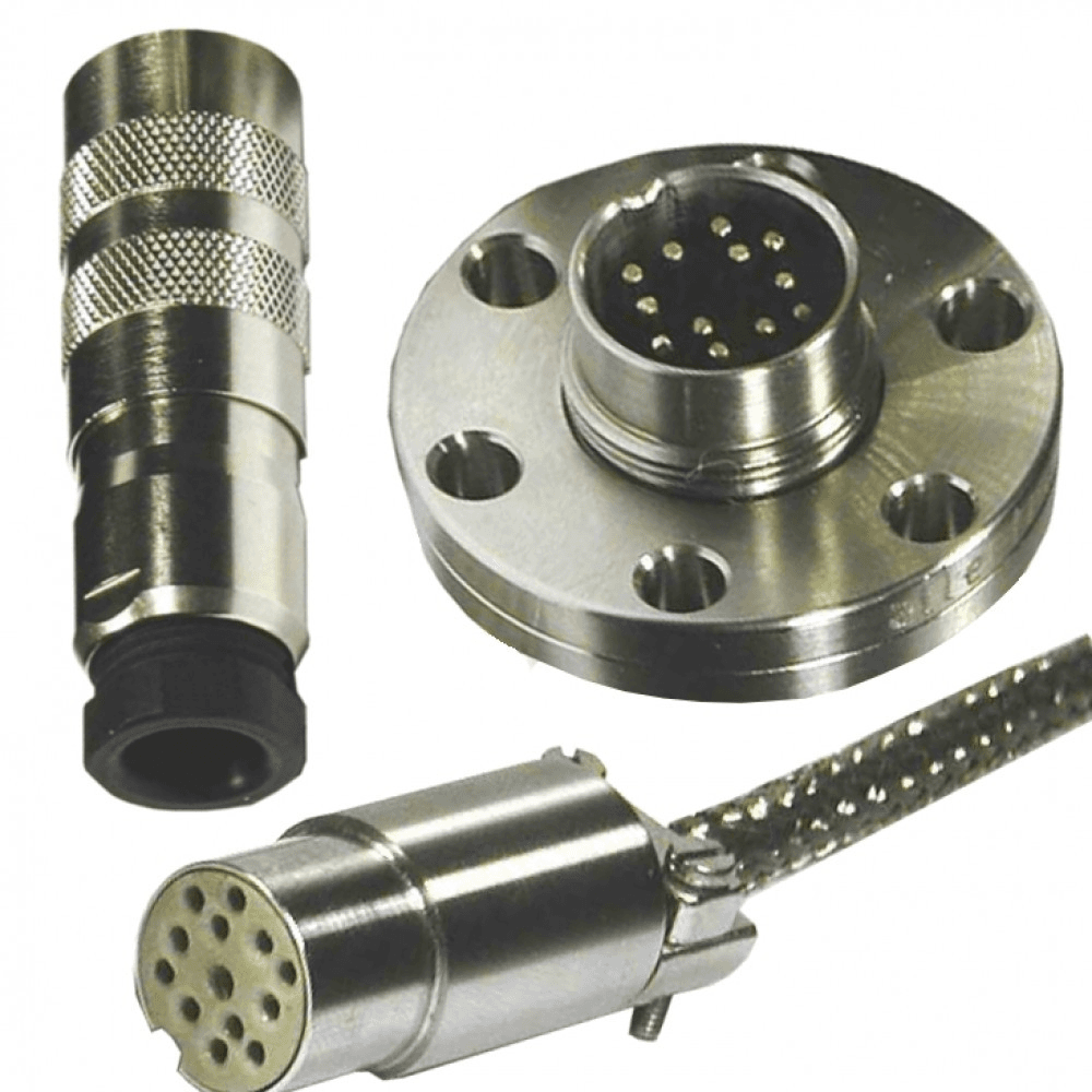 DN16CF FLANGE WITH 12 PIN CM FEEDTHROUGH SET, UHV & AIR SIDE CONNECTORS, STRAIN RELIEF 제품 이미지